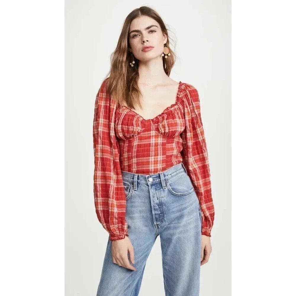 Free People Cherry Bomb Madrass Plaid Top Balloon Sleeve Women's Red Size M